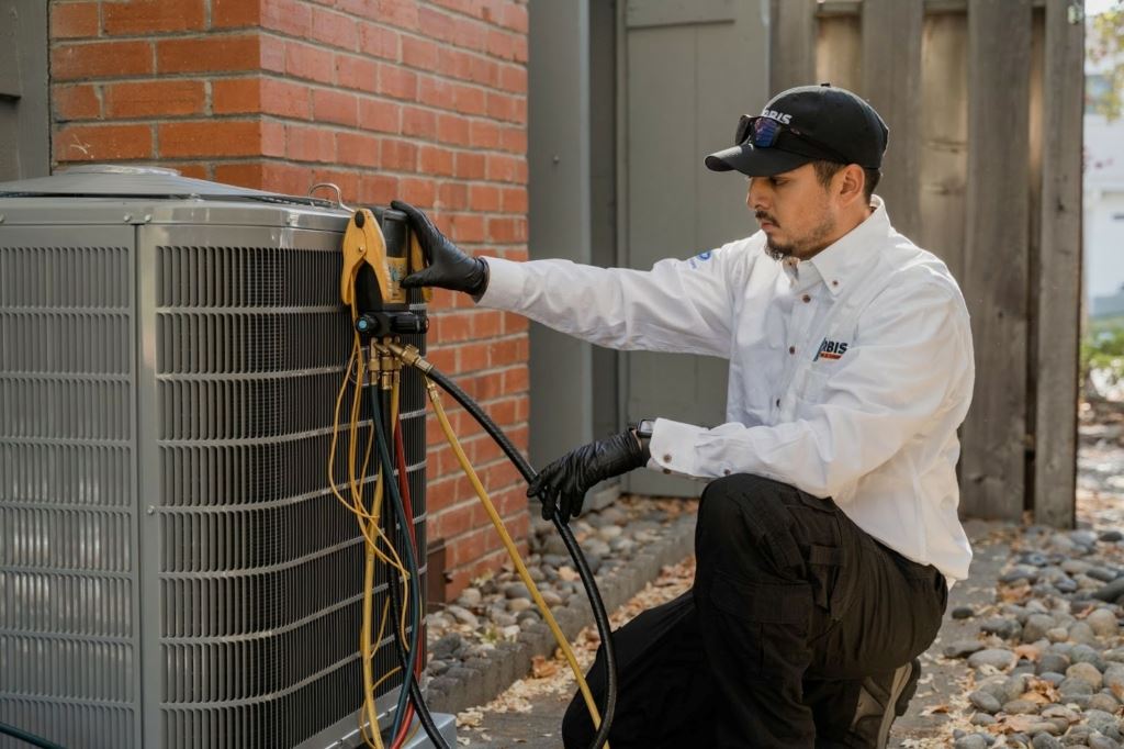Technician Checking Outdoor Air Conditioning Unit